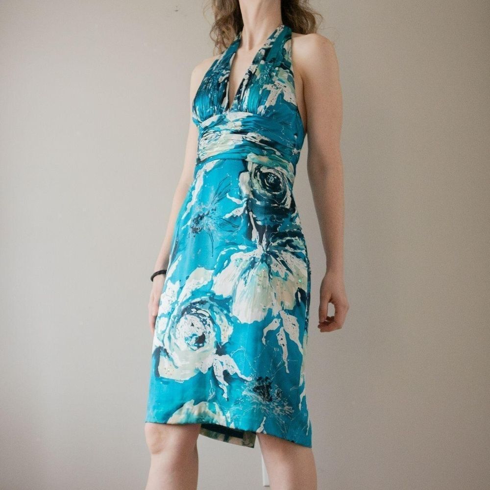 Silk Teal Blue Floral Cocktail Y2K Style Beach Summer Spring Wedding Prom Dress